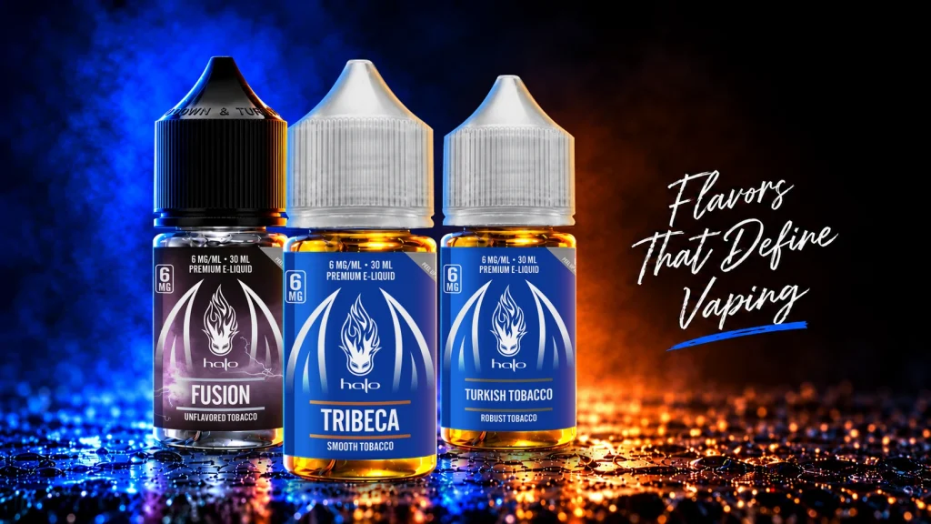 Halo Fusion, Tribeca and Turkish Tobacco bottles with blue and orange lighting - Flavors That Define Vaping.